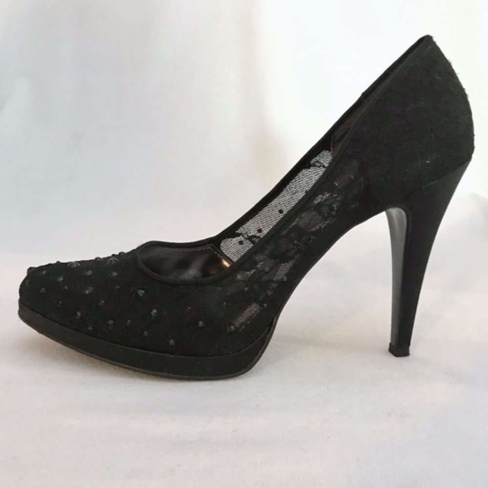 Nine West Black Rhinestone Studded Lace Pumps